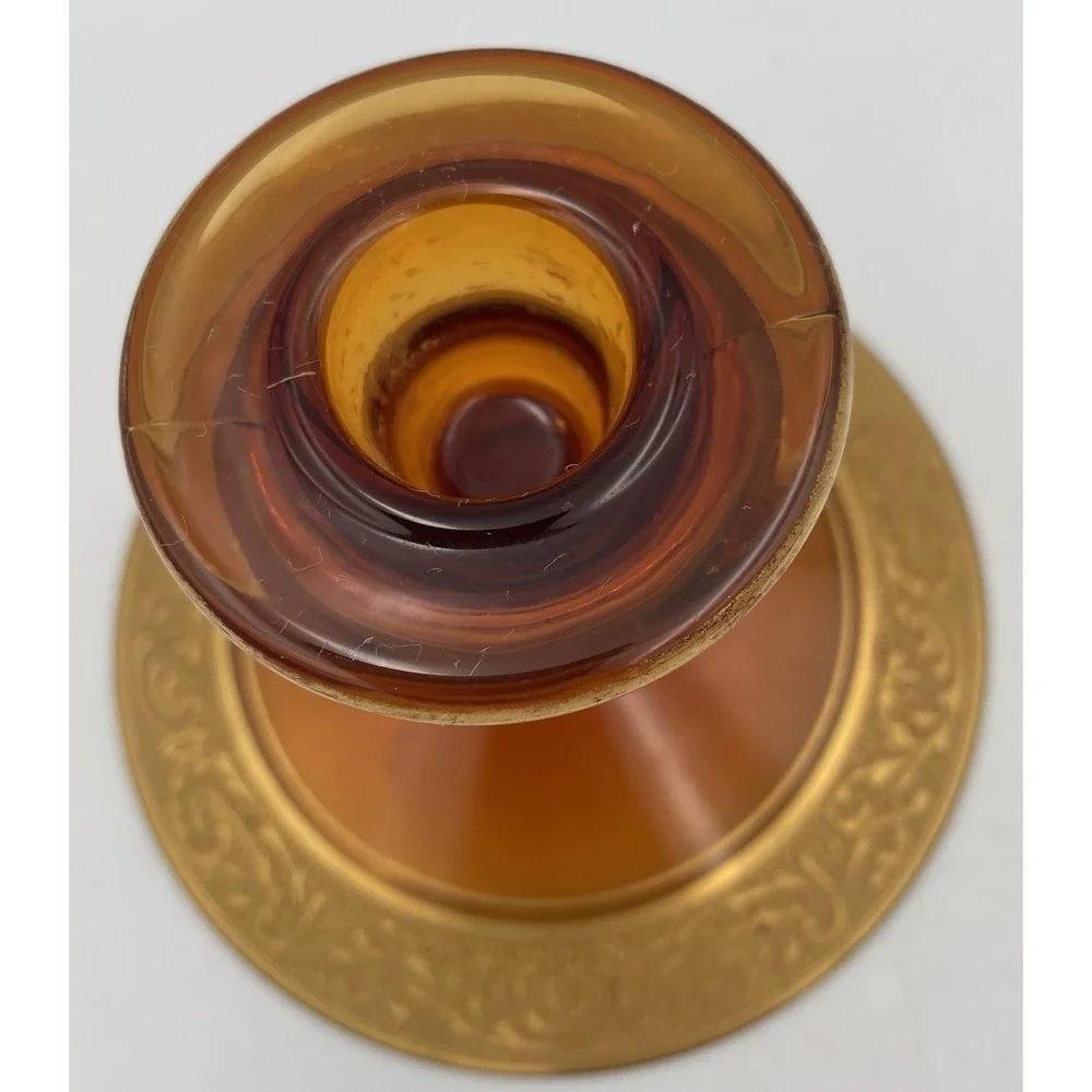 Vtg. Amber Glass Candle Holders Candlestick Pair Gold Encrusted Base Trim 1920's